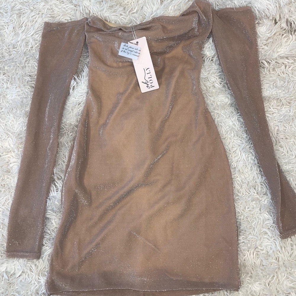 OH POLLY PINK SPARKLE OFF THE SHOULDER DRESS